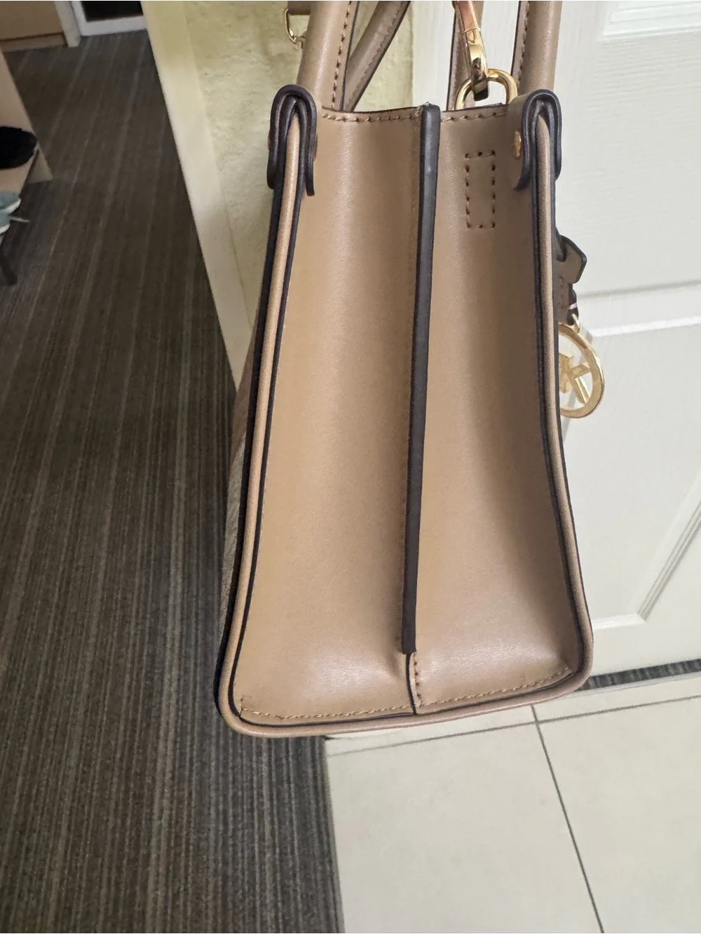 Michael Kors Beige and White Logo-Print Tote with Gold Charm